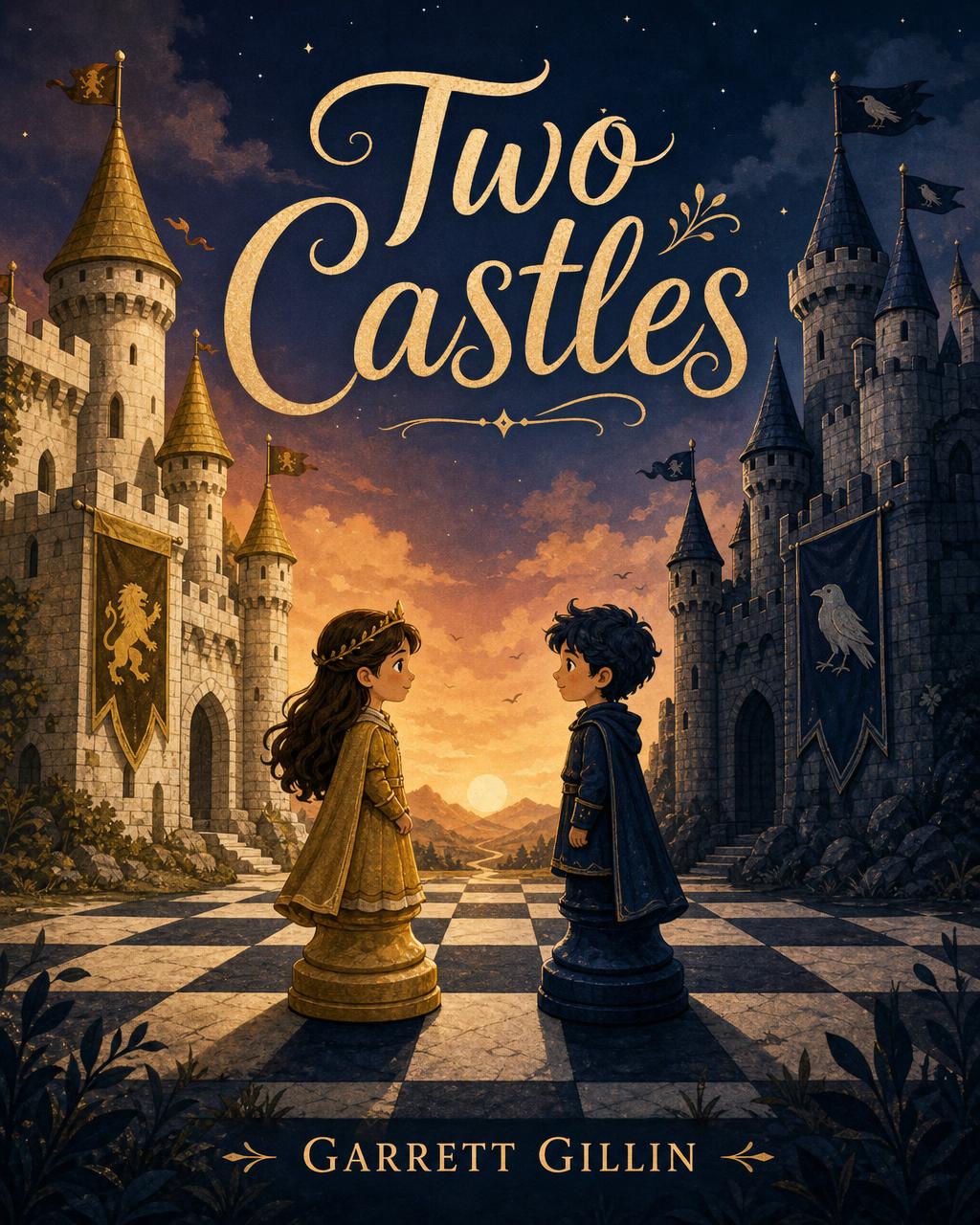 Cover of Two Castles, the children's chess book by Garrett Gillin, showing two castles facing each other across a chessboard